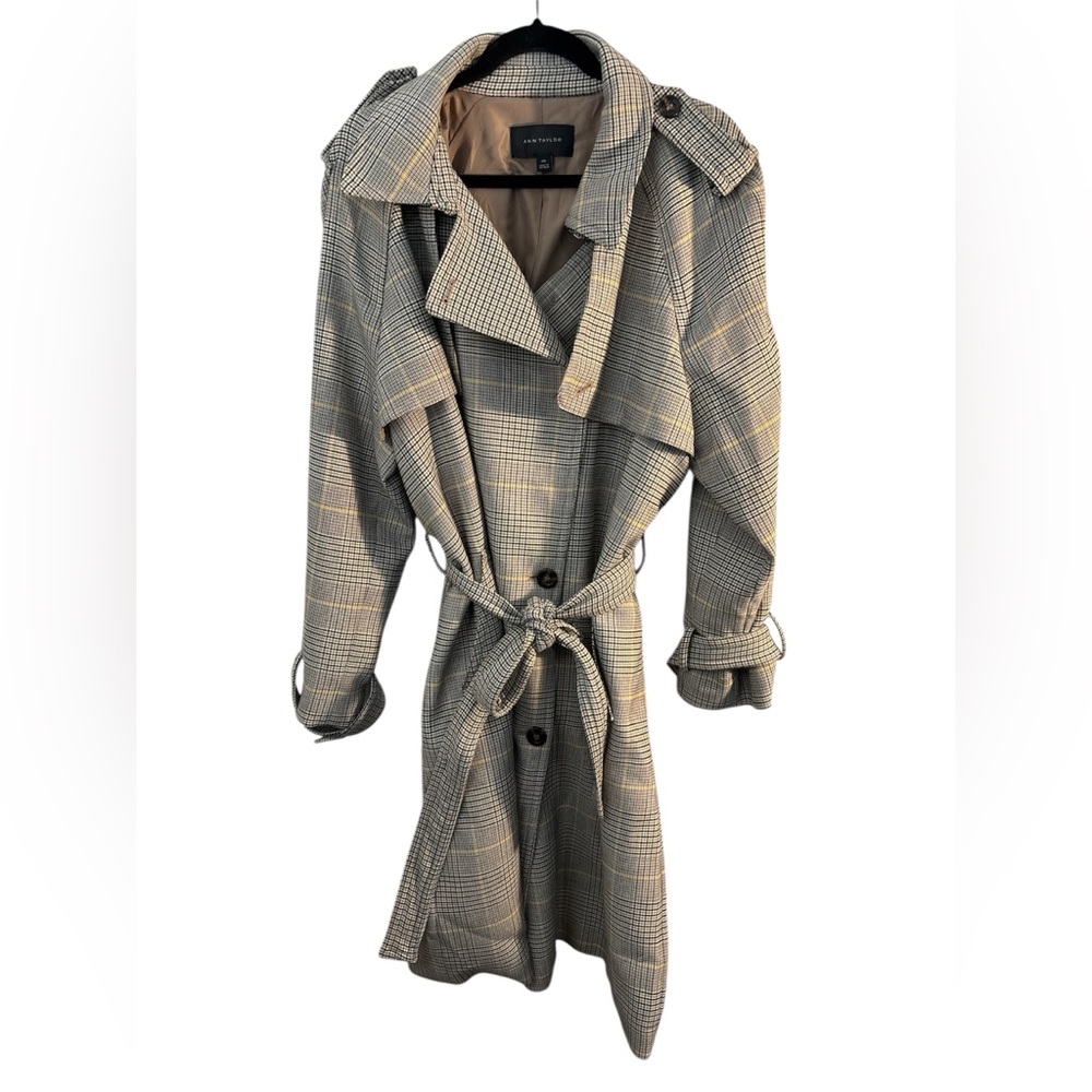 Ann Taylor Glen check plaid trench coat sz XXL Houndstooth Academia Classic